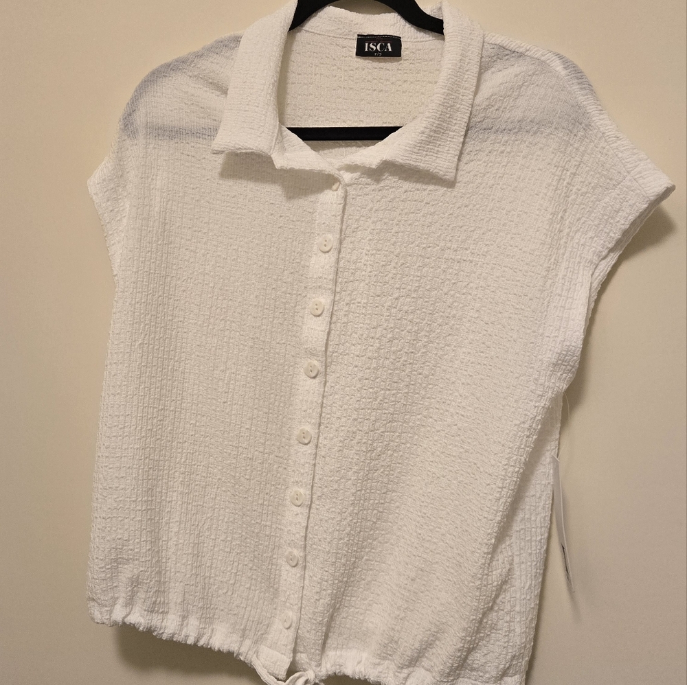 NWT Isca White shirt, button front, drawstring, oversized
